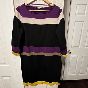 Color block sweater dress black, purple with yellow trim. Evan Picone size L